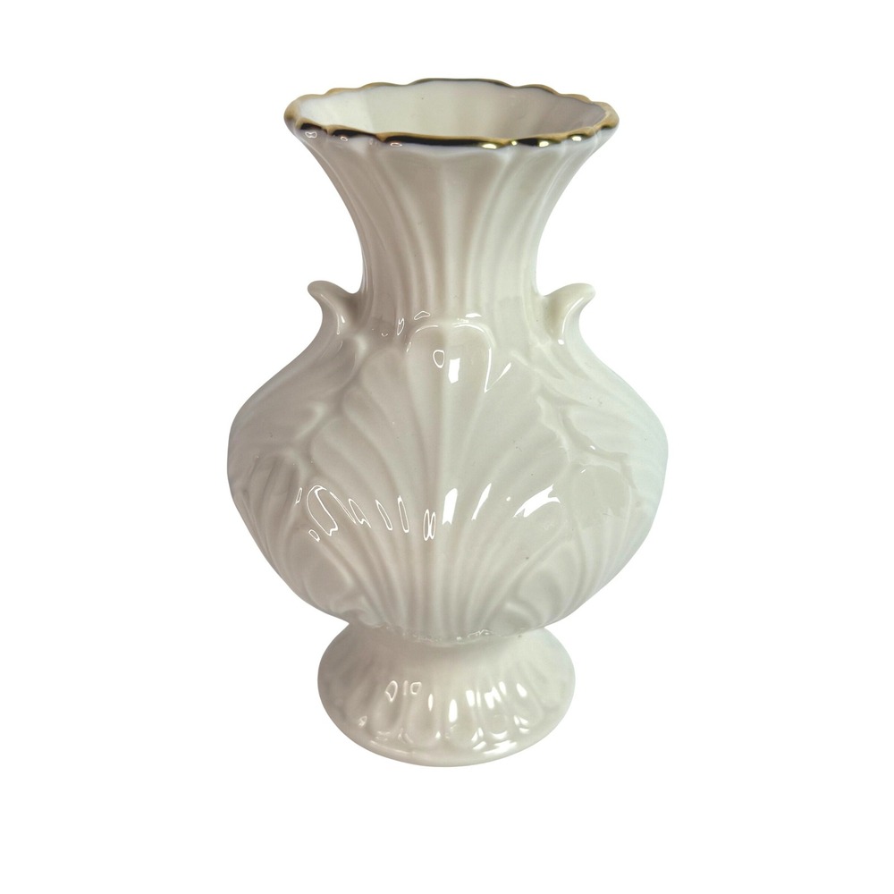 Vintage Lenox Elfin Carved Leaf Motif Ivory Gold Trim Bud Vase 4.5" USA Made